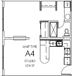 Floor plan for 1 bed, 1 bath, 524 sqft